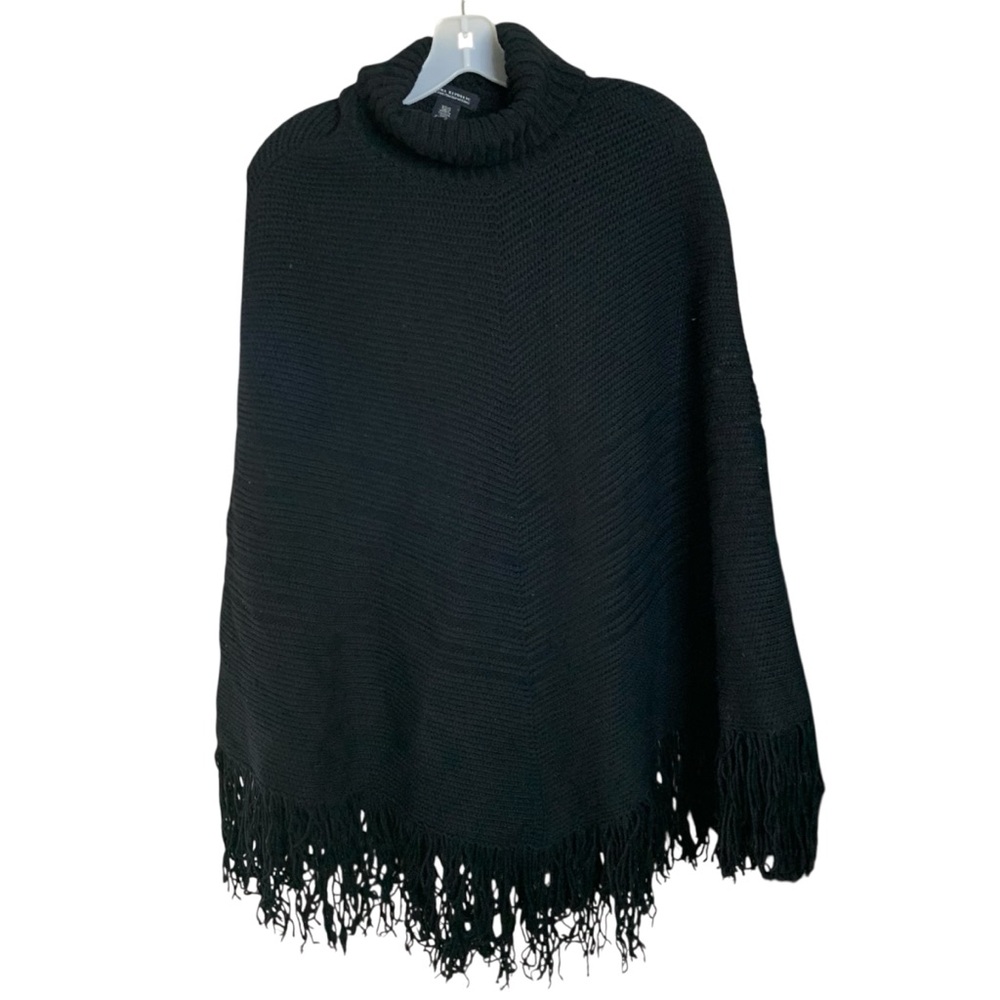 Banana Republic Poncho Merino Wool XS/S Black Turtleneck Fringe Shawl Sweater